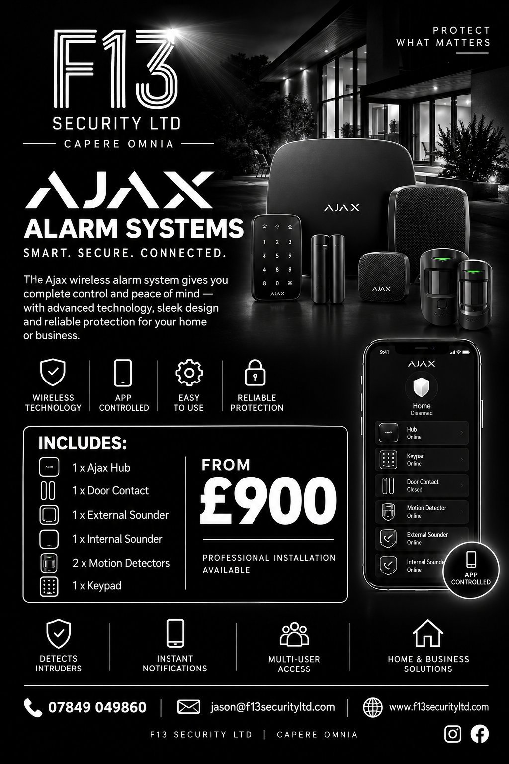 AJAX wireless alarm system promotional poster showing security hub and devices with features and pricing from £900